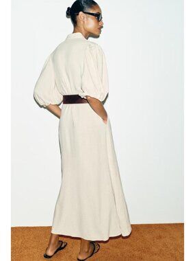 ZARA LINEN BLEND MIDI DRESS WITH BELT